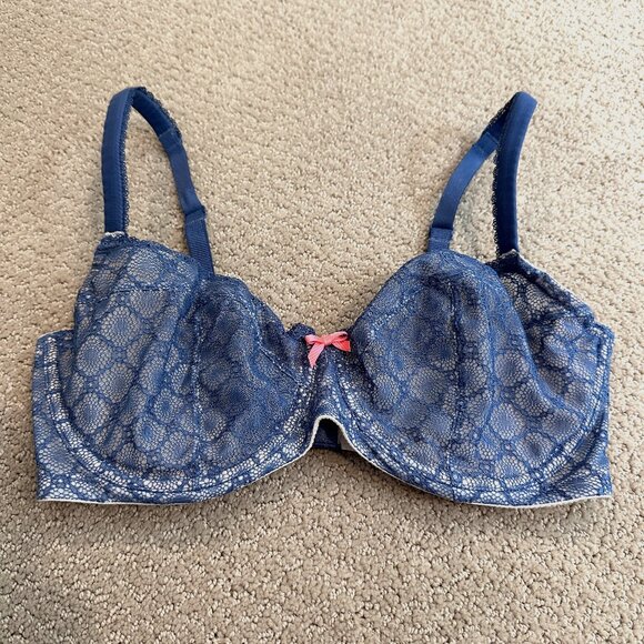 Victoria's Secret Other - Victoria's Secret Demi Bra Unlined Blue Lace Over Nude Mesh Sz 34F/DDD Underwire